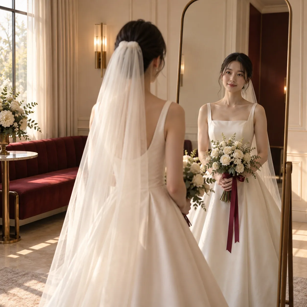 대기실 거울 앞에 선 신부, 거울에 얼굴이 비친다